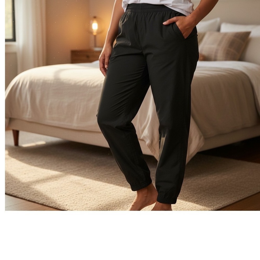 Womens Black Lightweight Athletic Jogger Pants High Rise Elastic Waist Tapered